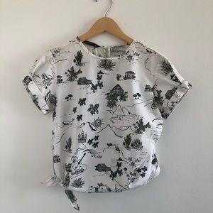 Zara Novelty Print Side Tie Blouse